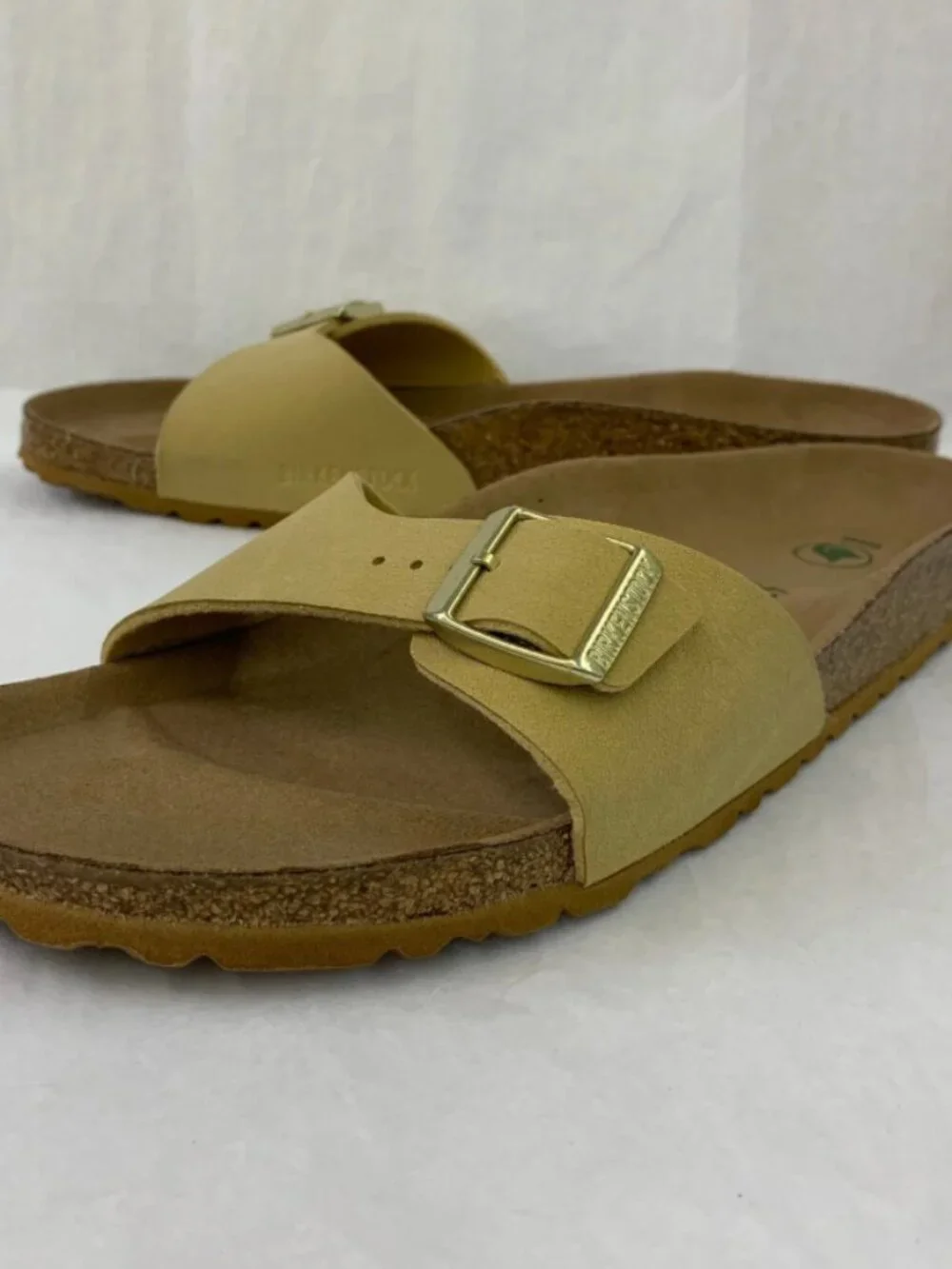 Birkenstock Madrid Latte Cream Birkibuc Leather Vegan Footbed  Narrow Width